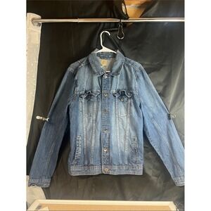 True Craft Mens Blue Denim Lightweight Distressed Trucker Jacket L